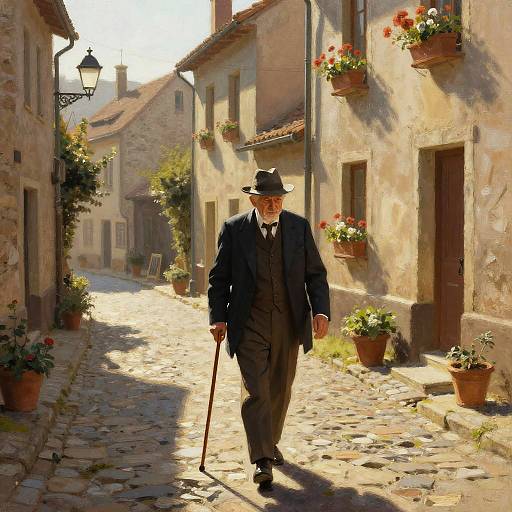 Photograph-style digital painting of elderly man in black suit and hat, using cane, walking sunlit cobblestone street in charming European village with flower