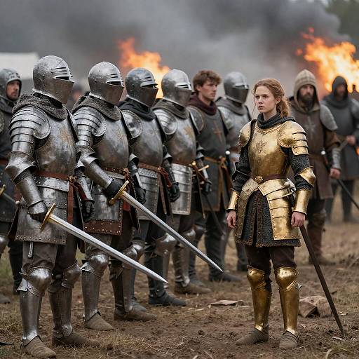 Medieval Battlefield with Female Knight in Gold Armor