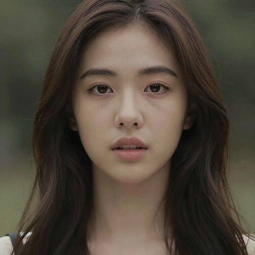 Close-up photograph of an Asian woman with long, dark brown hair and fair skin, neutral expression, soft pink lips, and subtle makeup, set against