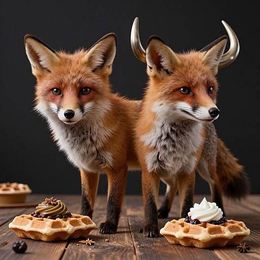 Photograph of two realistic, digitally-manipulated foxes with antlers standing on a wooden table, surrounded by waffles with whipped cream and chocolate