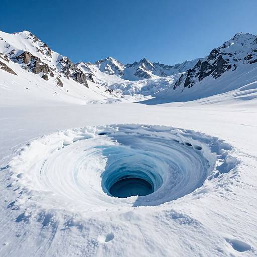 Photograph of a deep, icy blue glacier cave surrounded by snow-covered mountains under a clear blue sky.