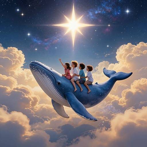Digital artwork of three children sitting on a floating blue whale among fluffy clouds, with a bright starry sky above.