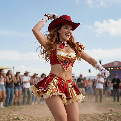 Photograph of a red-haired woman in a red cowboy hat and red-gold fringe outfit, dancing energetically outdoors, smiling, with a crowd