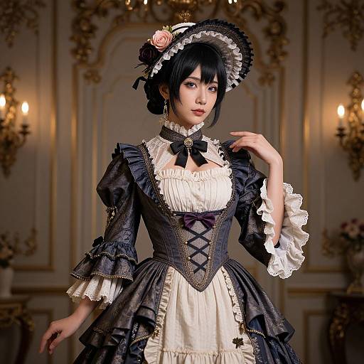 Digital artwork of an Asian woman in Victorian-style black and white frilled dress, lace choker, and wide-brimmed hat with pink rose,
