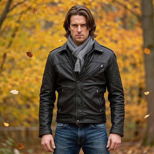 Photograph of a serious-looking man with shoulder-length brown hair, wearing a black jacket, gray scarf, and blue jeans, standing in a vibrant autumn