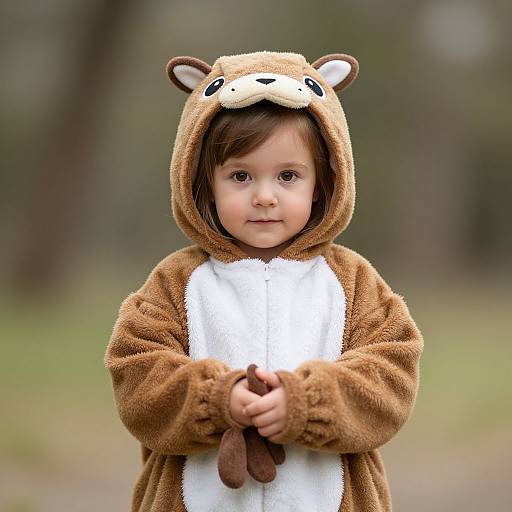 Photograph of a young child with fair skin, brown eyes, and brown hair, wearing a brown and white bear-themed fuzzy onesie with bear ears