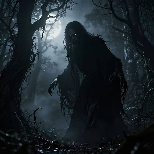 Digital artwork of a shadowy, ghostly figure with long, tattered hair and glowing eyes, emerging from a dark, misty forest under a