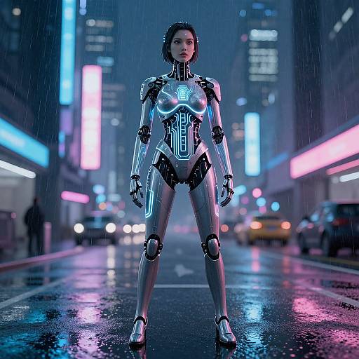 Futuristic Cybernetic Woman in Neon City