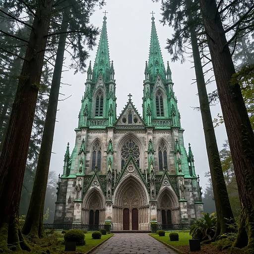 Gothic Cathedral in Misty Forest