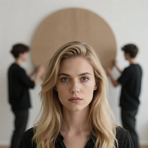 Serious Blonde Woman with Background Workers