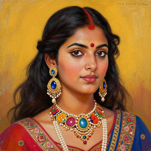 Digital portrait of an Indian woman with dark hair, wearing vibrant gold and gemstone jewelry, red saree, and bindi, against a yellow background