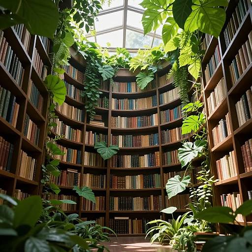 Photograph of a sunlit, circular library with lush green plants hanging from the ceiling, surrounded by tall, dark wooden bookshelves filled with colorful