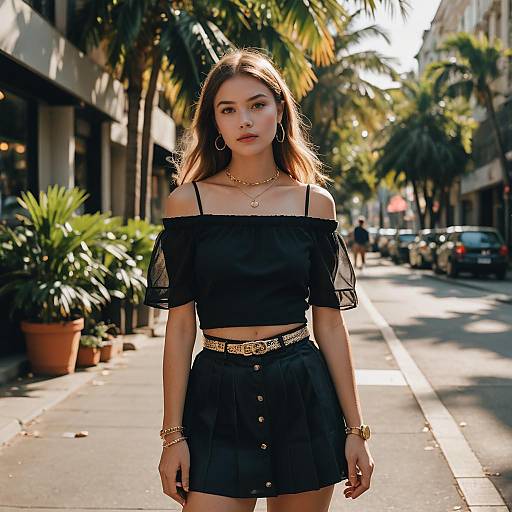 Trendy Young Woman in Black Off-Shoulder Outfit on Sunlit Street