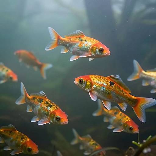 Photograph of vibrant orange and gold koi fish with black spots, swimming in a deep blue underwater aquarium, illuminated by soft, diffused light.