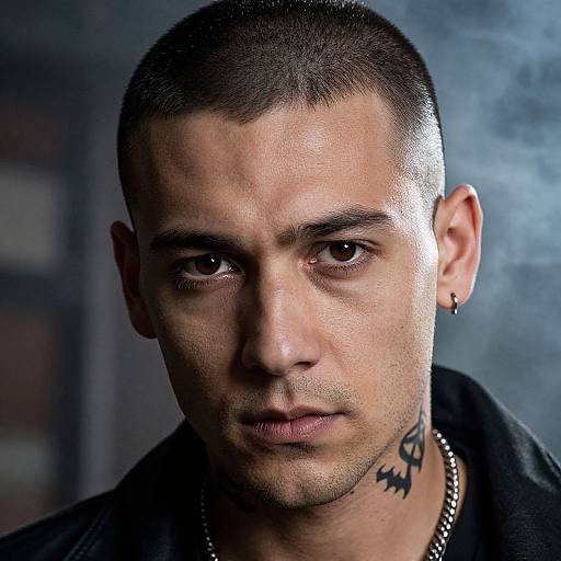 Photograph of a serious, close-up male portrait with short dark hair, brown eyes, tattoo on neck, earring, and silver chain, against