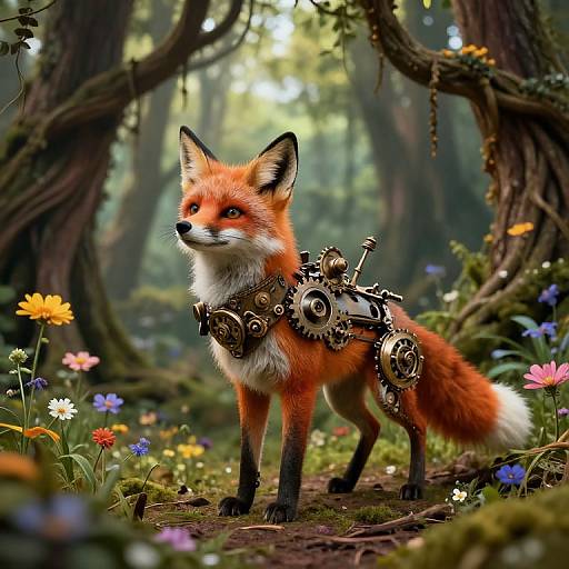 Digital artwork of a fox with steampunk gears on its back, standing in a vibrant, enchanted forest filled with colorful flowers.