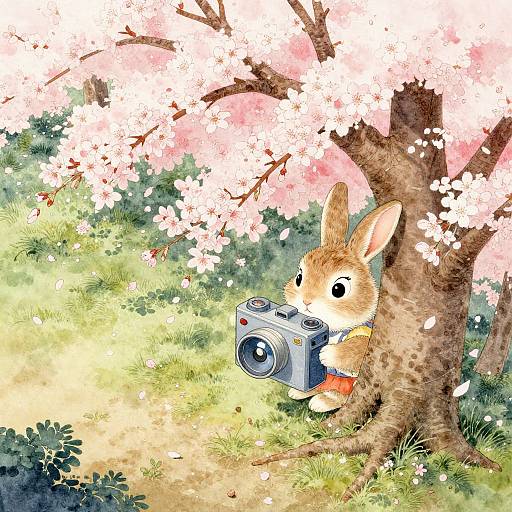 Cute, brown-furred bunny with large ears holding a camera, stands under a blooming cherry tree in a sunlit, grassy meadow