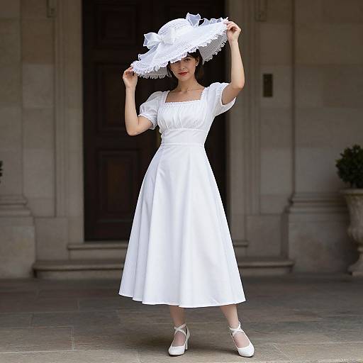 Photograph of a woman in a white dress and wide-brimmed hat, standing on a stone porch, holding her hat, with white shoes and