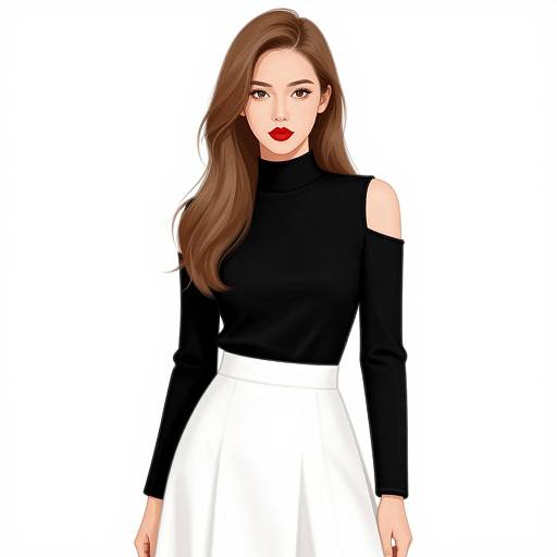 Digital illustration of a stylish woman with long brown hair, black off-shoulder top, white skirt, and bold red lipstick, standing against a white