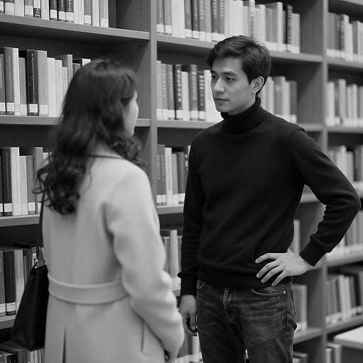 Black-and-white photograph of a man in a dark turtleneck and jeans, standing in a library, facing a woman in a light coat. Sh