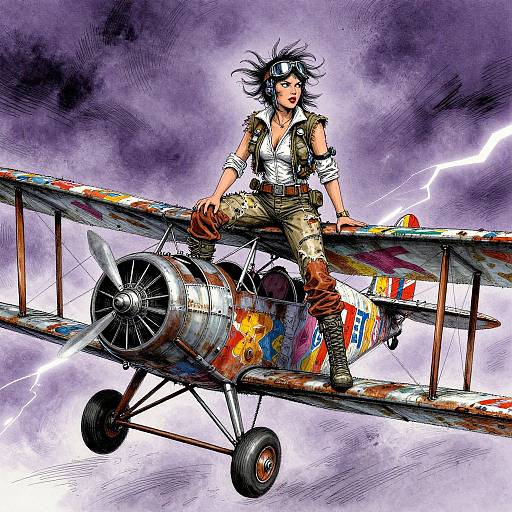 Digital illustration of a fierce, black-haired woman in a white, ripped shirt and camouflage pants, riding a colorful, vintage biplane amidst a stormy