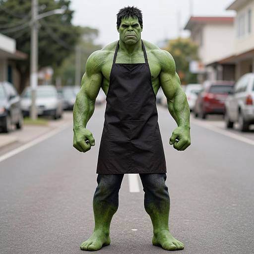 Photograph of a green-skinned, muscular, Hulk-like figure in a black apron, standing on an empty suburban street with blurred cars and houses