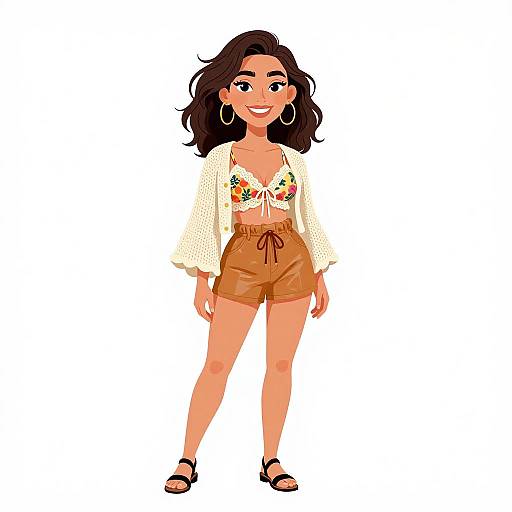 Digital illustration of a smiling woman with wavy brown hair, wearing a floral bikini top, white open cardigan, brown shorts, black sandals, and