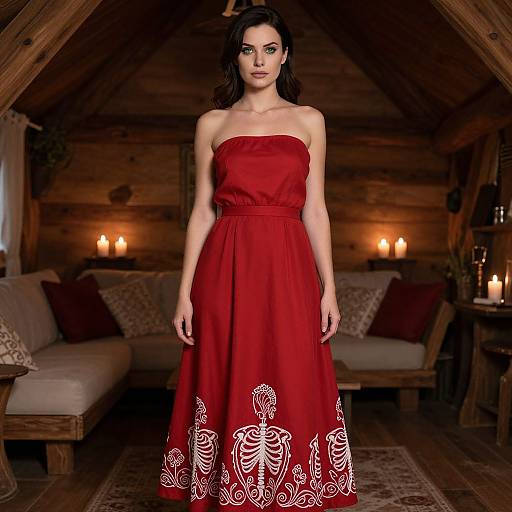 Photograph of a woman with fair skin, black hair, in a strapless red dress adorned with white skeleton patterns, standing in a wooden, candle