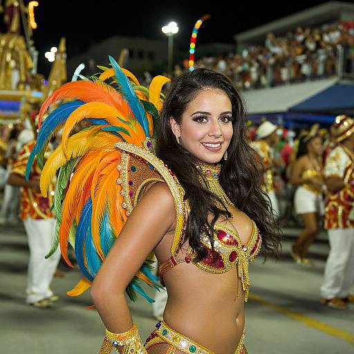 Photograph of a smiling Latina woman with long black hair, wearing a vibrant, orange, blue, and yellow feathered costume, gold jewelry, and