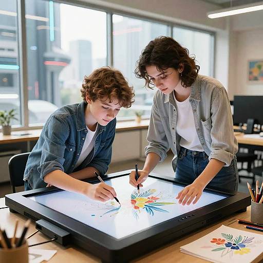 Photograph of two young women with curly brown hair, wearing denim shirts over white tops, drawing on a bright illuminated table in a sunlit, modern
