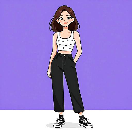 Digital anime-style drawing of a young woman with brown hair, wearing a white star-patterned crop top, black high-waisted pants, and black