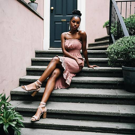 Elegant Woman in Dusty Rose Dress on Staircase