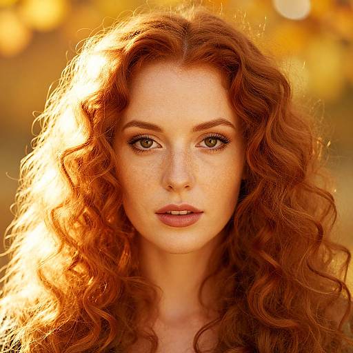 Photograph of a fair-skinned woman with striking red curly hair, freckles, green eyes, and natural makeup, illuminated by golden sunlight.