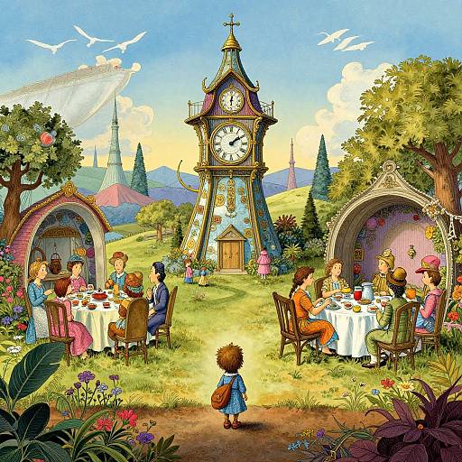 Whimsical digital painting of a sunny garden with a central clock tower, six people dining in colorful arches, and a child approaching. Lush