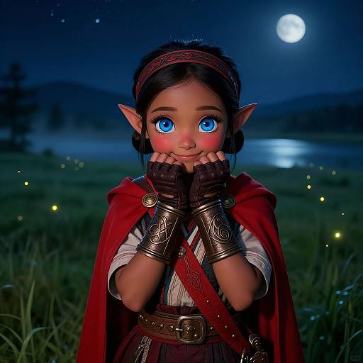 Digital artwork of a cute, blue-eyed, elf girl with dark hair, red cape, and fingerless gloves, under a moonlit night sky.