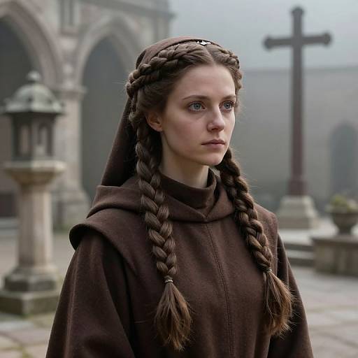 Photograph-style digital image of a young, fair-skinned woman with braided brown hair, wearing a brown nun's habit, standing in a mist