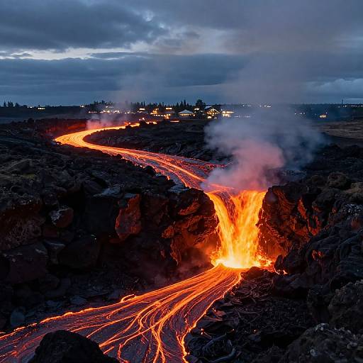 Photograph of a vivid, glowing lava river flowing through a dark, rocky landscape, with smoke rising and distant town lights under a cloudy blue sky.