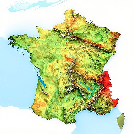 Colored topographic map of Spain highlighting elevation and terrain, with green lowlands, yellow midlands, red highlands, and blue water.