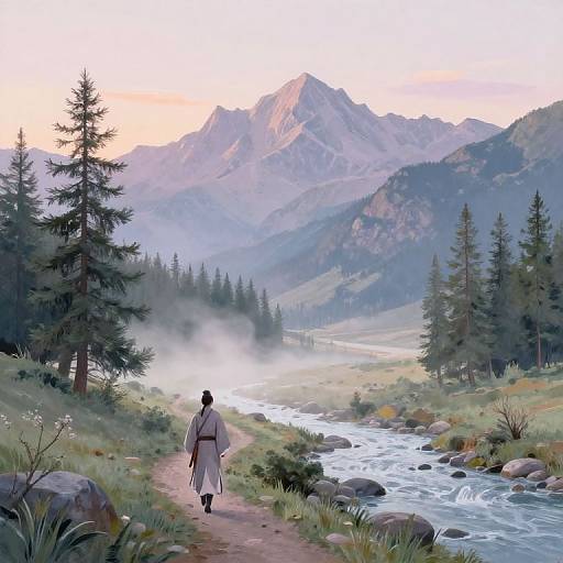 Serene Mountain Dawn with Traveler