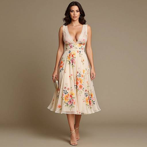 Photograph of a woman with dark hair in a deep V-neck, floral-patterned, knee-length dress, holding a gold clutch, wearing strappy