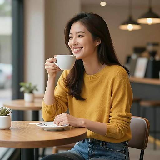 Café Moments: Asian Woman Enjoying Cappuccino