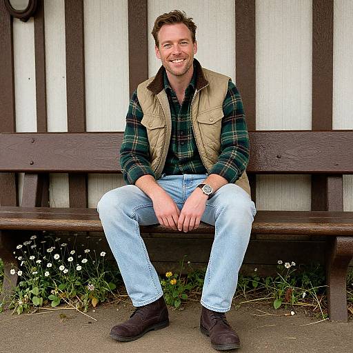 Photograph of a smiling Caucasian man with short brown hair, wearing a beige vest, green plaid shirt, light blue jeans, and black boots,