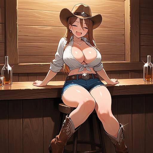 Tipsy Cowgirl Sitting on Bar Counter