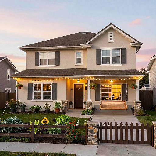 Photograph of a two-story beige house at dusk, adorned with string lights, flower boxes, and a wooden picket fence, with a well-m