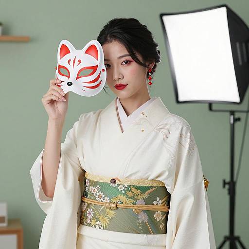 Elegant Woman in Kimono with Mask