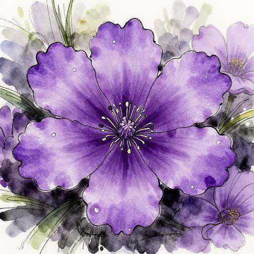 Vibrant Purple Flower Ink Drawing