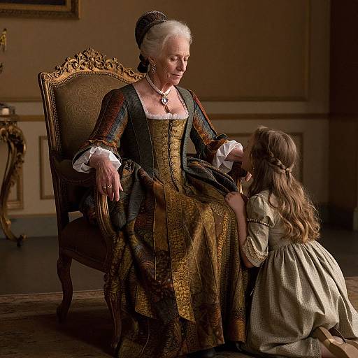 Photograph of an elderly woman in elaborate Renaissance-style dress, sitting on an ornate chair, being gently assisted by a young girl in a simple,