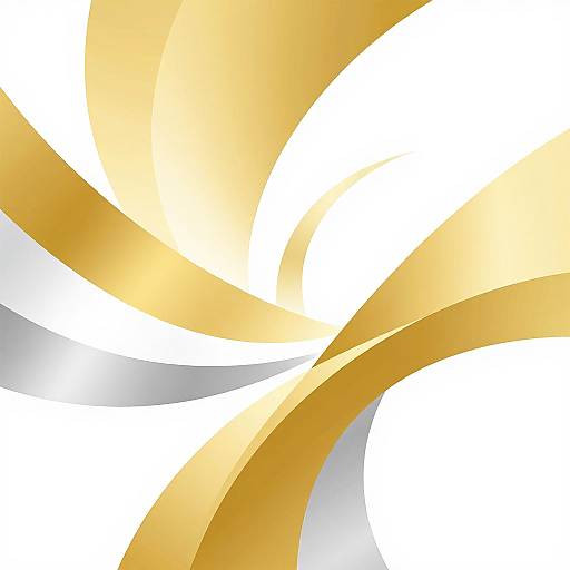 Digital abstract art featuring swirling golden and silver ribbon-like shapes on a white background, creating a dynamic, flowing pattern.