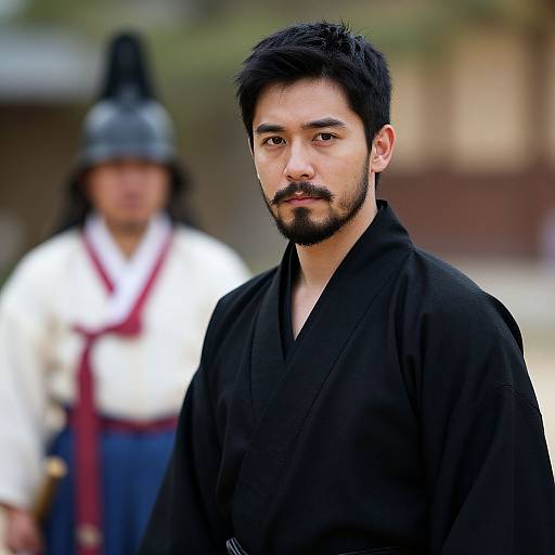 Photograph of a serious Asian man with black hair, beard, and mustache, wearing a black traditional Korean hanbok, with a blurred person