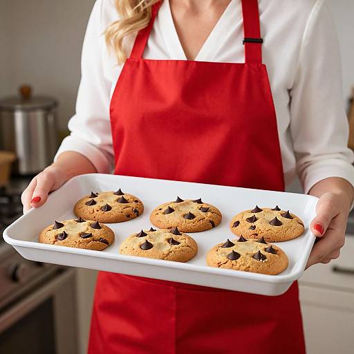Photograph of a woman in a red apron holding a white tray of chocolate chip cookies, standing in a kitchen.